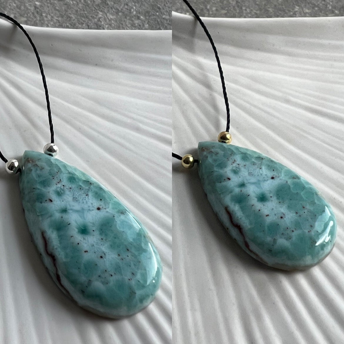 Wunderschöner Larimar Tropfenanhänger auf schwarzem Makramee - Halskette - Auswahlmöglichkeit: 925 Silber oder 925 Silber vergoldete Perlen - Nahaufnahme