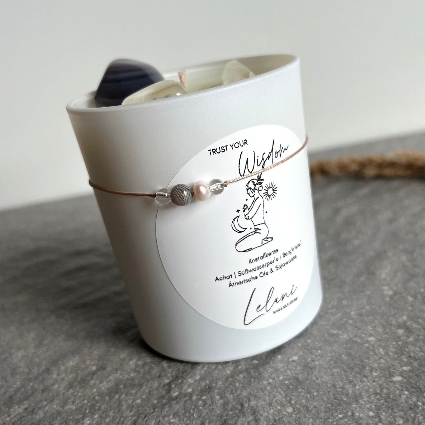 TRUST YOUR WISDOM Kristallkerze im Glas mit passendem Armband