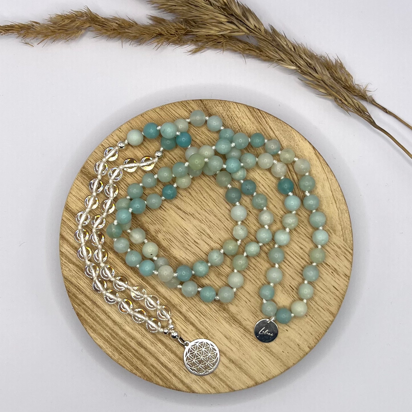 Mala Lightness of being aus Amazonit und Bergkristall mit Blume des Lebens Charm
