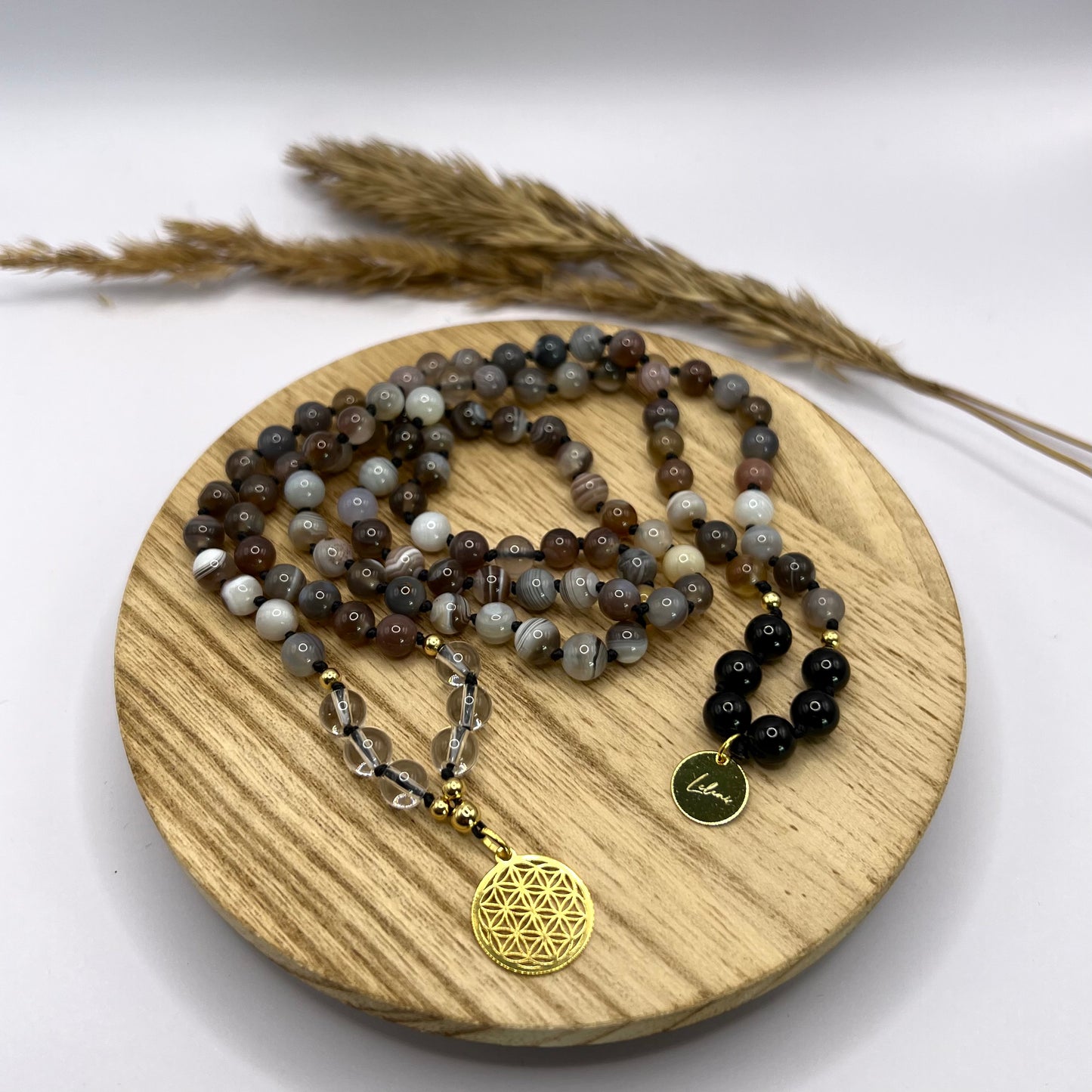 Mala aus Edelsteinperlen Achat mit Blume des Lebens