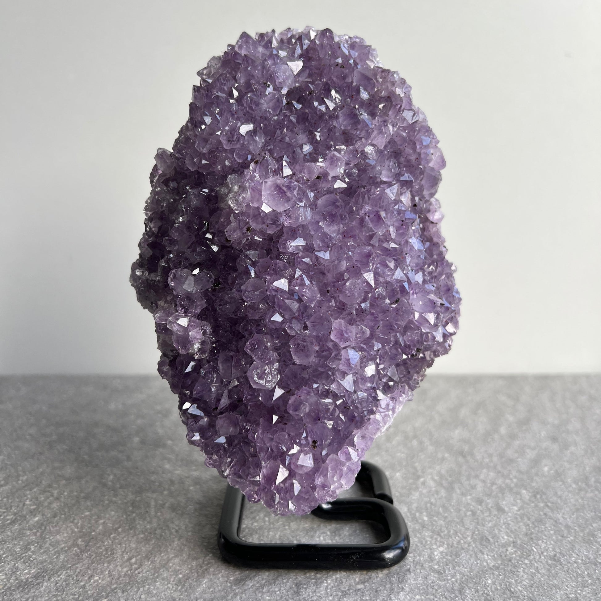 Wunderschöne dunkellila Amethyst Stufe auf schwarzem Metall-Ständer - viele kleine Kristalle - von vorne